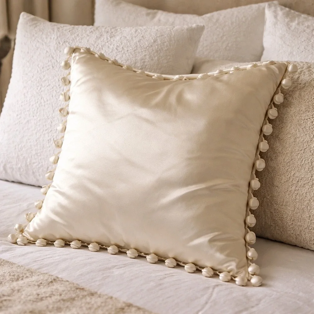 Ann Gish Satin Ball Fringe Decorative Pillow Cover Sage Silver 18x18 Square Sham
